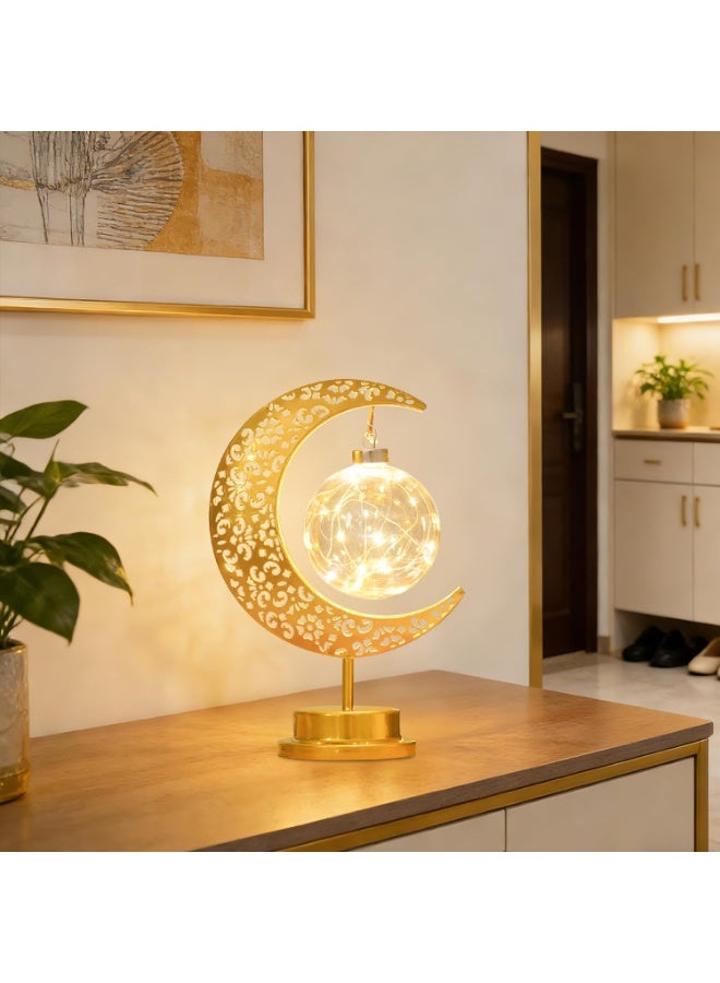 مصباح طاولة هلالي مع كرة LED معلقة، إضاءة ليلية زخرفية معدنية تعمل بالبطارية - Image 3