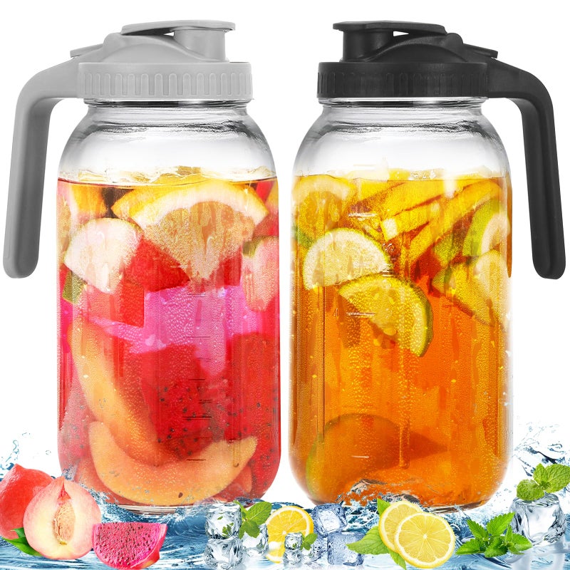 FEODSEW 2 Pack Glass Pitchers with Lid, 64 oz Sun Tea Pitcher, Half Gallon Mason Jar Pitcher with Wide Mouth Airtight Lid for Ice Tea, Cold Brew Coffee, Fridge Water, Milk, Juices, Leak Proof Water Jug - Image 1