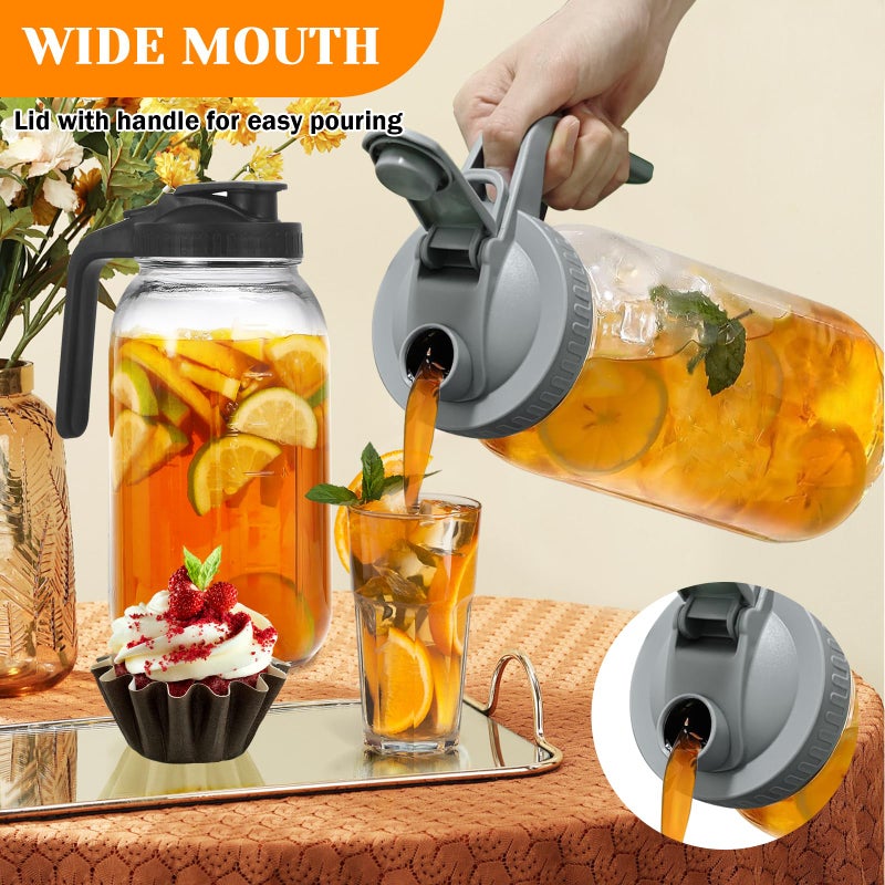 FEODSEW 2 Pack Glass Pitchers with Lid, 64 oz Sun Tea Pitcher, Half Gallon Mason Jar Pitcher with Wide Mouth Airtight Lid for Ice Tea, Cold Brew Coffee, Fridge Water, Milk, Juices, Leak Proof Water Jug - Image 4