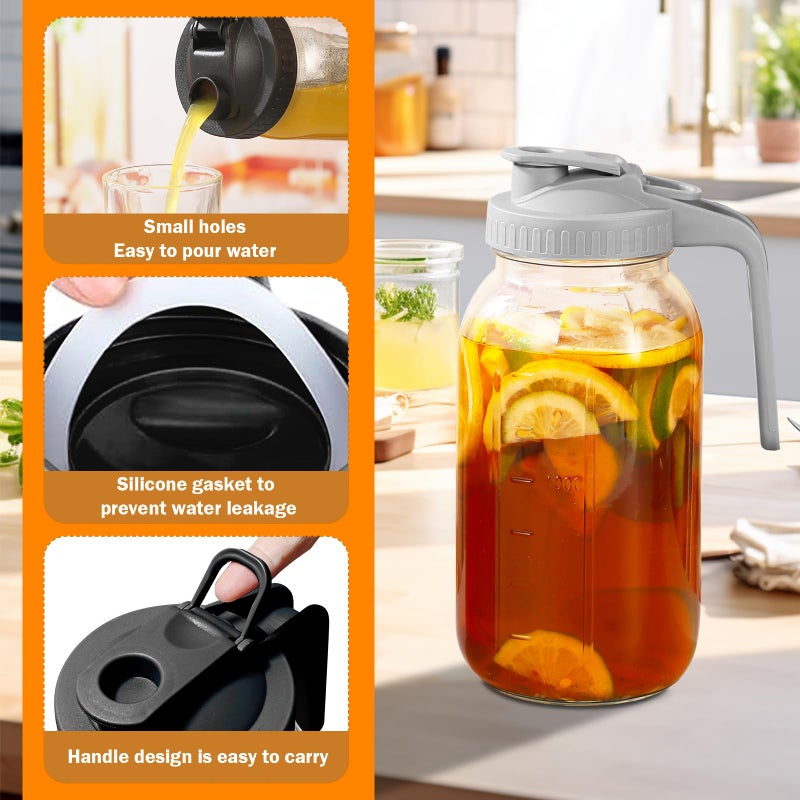 FEODSEW 2 Pack Glass Pitchers with Lid, 64 oz Sun Tea Pitcher, Half Gallon Mason Jar Pitcher with Wide Mouth Airtight Lid for Ice Tea, Cold Brew Coffee, Fridge Water, Milk, Juices, Leak Proof Water Jug - Image 3