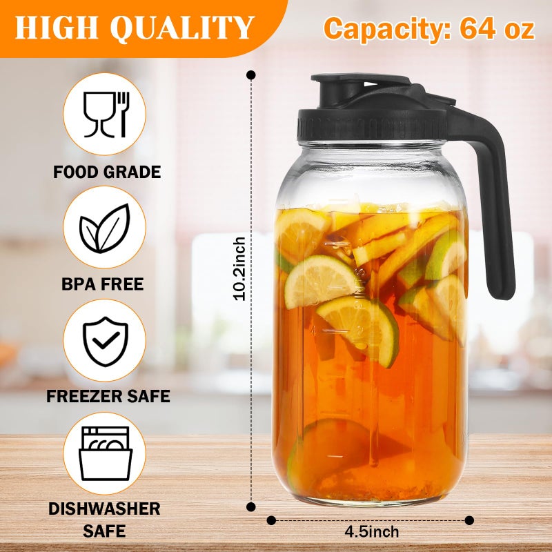 FEODSEW 2 Pack Glass Pitchers with Lid, 64 oz Sun Tea Pitcher, Half Gallon Mason Jar Pitcher with Wide Mouth Airtight Lid for Ice Tea, Cold Brew Coffee, Fridge Water, Milk, Juices, Leak Proof Water Jug - Image 2