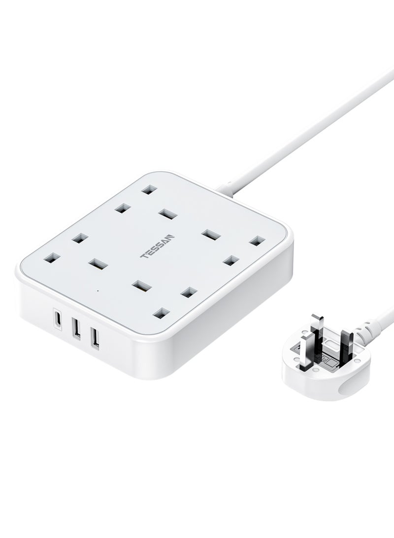 TESSAN Extension Lead With 4 Outlets Extension Cord 13A 4 Way Multi Plug Extension Leads 4 AC Outlets, 2 USB A Ports, 1 USB Type C, 1 Switch With 2M Cable, Max 3250W TESSAN 7 in 1 Multiplug Power Strip With Fast Charging Ports For Home, Office, School Supplies White - Image 1