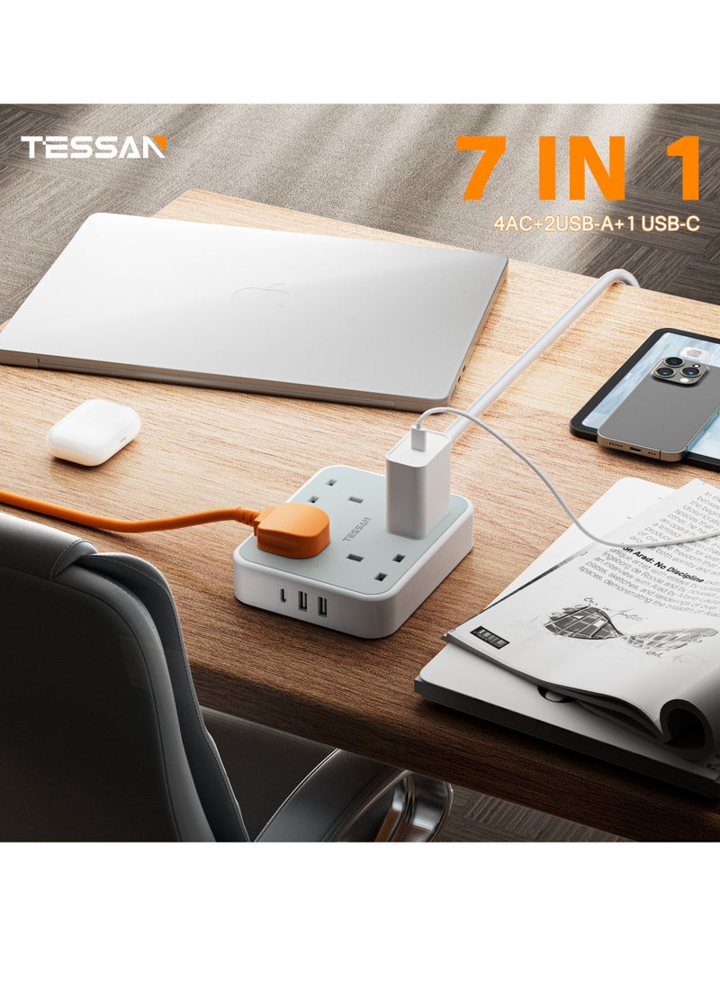 TESSAN Extension Lead With 4 Outlets Extension Cord 13A 4 Way Multi Plug Extension Leads 4 AC Outlets, 2 USB A Ports, 1 USB Type C, 1 Switch With 2M Cable, Max 3250W TESSAN 7 in 1 Multiplug Power Strip With Fast Charging Ports For Home, Office, School Supplies White - Image 4