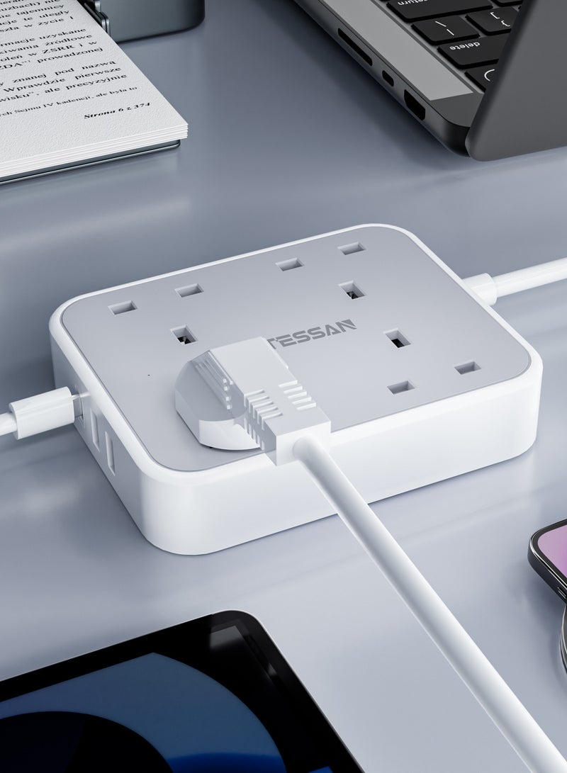 TESSAN Extension Lead With 4 Outlets Extension Cord 13A 4 Way Multi Plug Extension Leads 4 AC Outlets, 2 USB A Ports, 1 USB Type C, 1 Switch With 2M Cable, Max 3250W TESSAN 7 in 1 Multiplug Power Strip With Fast Charging Ports For Home, Office, School Supplies White - Image 5