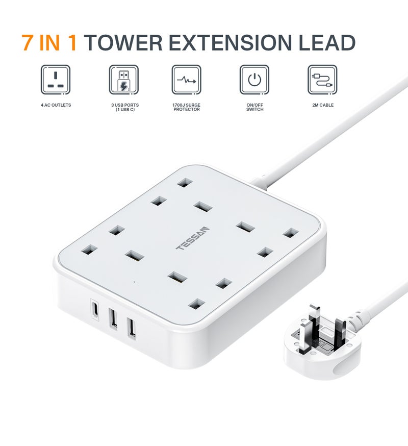 TESSAN Extension Lead With 4 Outlets Extension Cord 13A 4 Way Multi Plug Extension Leads 4 AC Outlets, 2 USB A Ports, 1 USB Type C, 1 Switch With 2M Cable, Max 3250W TESSAN 7 in 1 Multiplug Power Strip With Fast Charging Ports For Home, Office, School Supplies White - Image 2