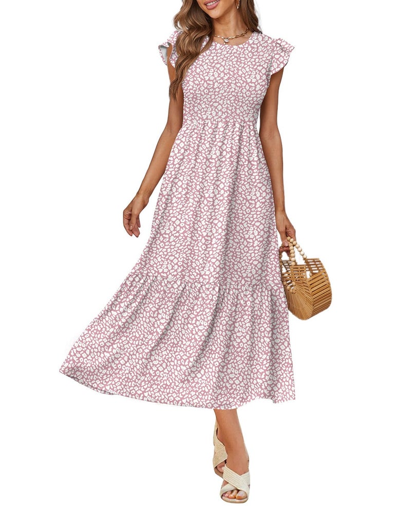 OFEEFAN Casual Dresses Wedding Guest Dress Summer Dress Pink Leopard Floral Dress S - Image 3