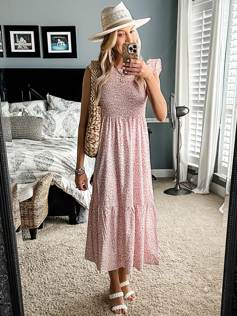 OFEEFAN Casual Dresses Wedding Guest Dress Summer Dress Pink Leopard Floral Dress S - Image 2