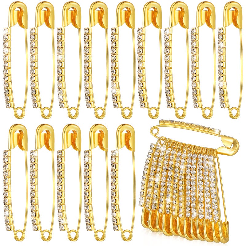 Mtlee 24 Pieces Gold Rhinestone Safety Pins Brooches Sweater Shawl Clips Faux Crystal Brooches Shiny Brooch Pins for Women or Girls Skirts Sweater Scarf Lapel Hat Accessories