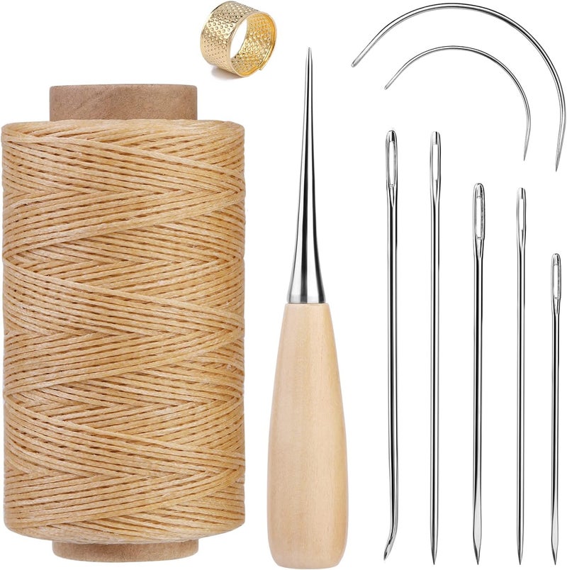 SUVSOON 273 Yards Leather Waxed Thread Kit, Upholstery Repair Waxed Thread Including Needle Awl Thimble, Leather Sewing Kit for Carpet Sofa Seat Shoe Sewing(Natural Color) - Image 1