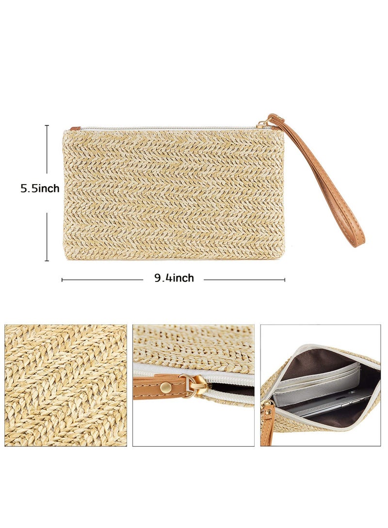 SYOSI 2 Pieces Straw Clutch Purse Straw Handbag, for Women Summer Beach Straw Bag Bohemian Wristlet Bag, Straw Purse Hand Wrist Type Summer Beach bag ,Handbags Wallet (Beige-White, Beige-Yellow)  - Image 5