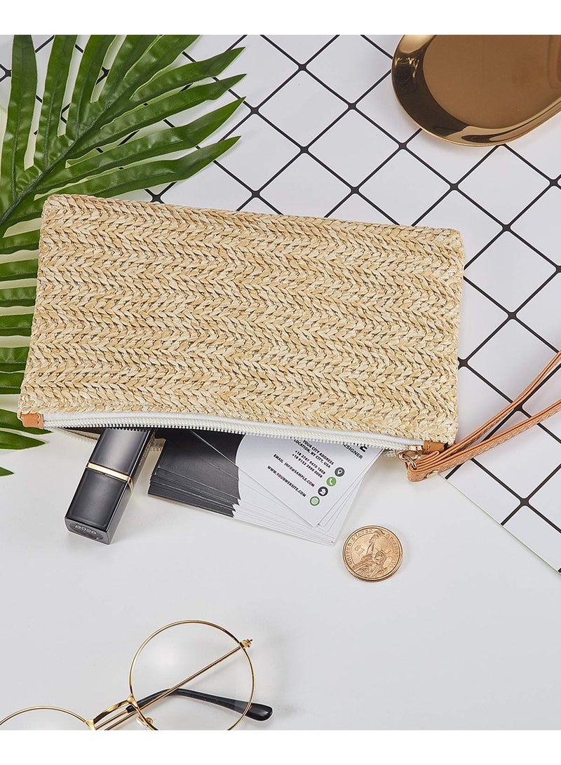 SYOSI 2 Pieces Straw Clutch Purse Straw Handbag, for Women Summer Beach Straw Bag Bohemian Wristlet Bag, Straw Purse Hand Wrist Type Summer Beach bag ,Handbags Wallet (Beige-White, Beige-Yellow)  - Image 2