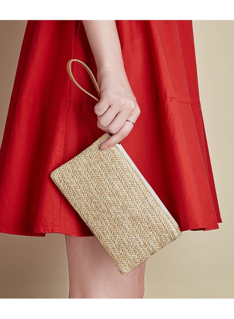 SYOSI 2 Pieces Straw Clutch Purse Straw Handbag, for Women Summer Beach Straw Bag Bohemian Wristlet Bag, Straw Purse Hand Wrist Type Summer Beach bag ,Handbags Wallet (Beige-White, Beige-Yellow)  - Image 3