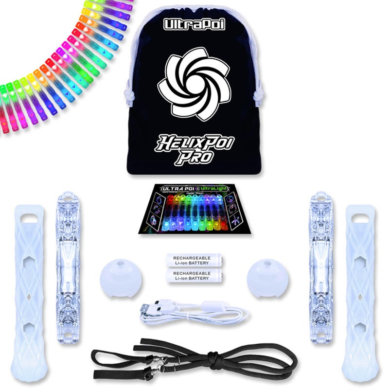 UltraPoi HelixPoi Pro Set - Helix Poi Pro w/Non LED Knob Handles - 40+ Color Modes & Patterns - USB Rechargeable LED Poi Lights w/Soft Durable Cases & Adjustable Leashes - Flow Arts Spinning Toy - Image 1