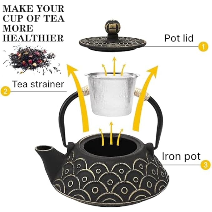 Tazweeq Tea Kettle Cast Iron Teapot Teapot Infuser Strainer Set Chinese Black With Gold Wave Pattern With Stainless Steel Filter30Oz09L - Image 4