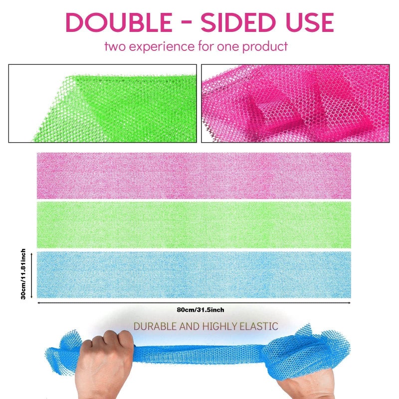 UJFQBH 3 Pieces African Bath Sponge African Net Long Net Bath Sponge Exfoliating Shower Body Scrubber Back Scrubber Skin Smoother,Great for Daily Use (Rose Red, Blue, Green) - Image 2