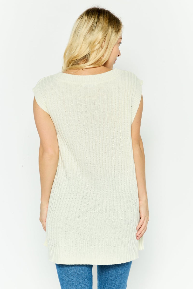 DEX سترة نسائية بدون أكمام بتصميم V، بيج - Image 3