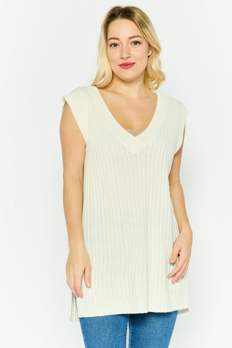 DEX سترة نسائية بدون أكمام بتصميم V، بيج - Image 1