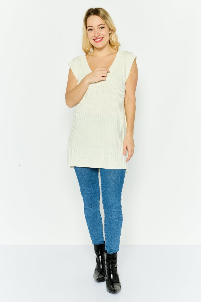 DEX Women V-Neck Textured Sweater Vest, Beige - Image 4