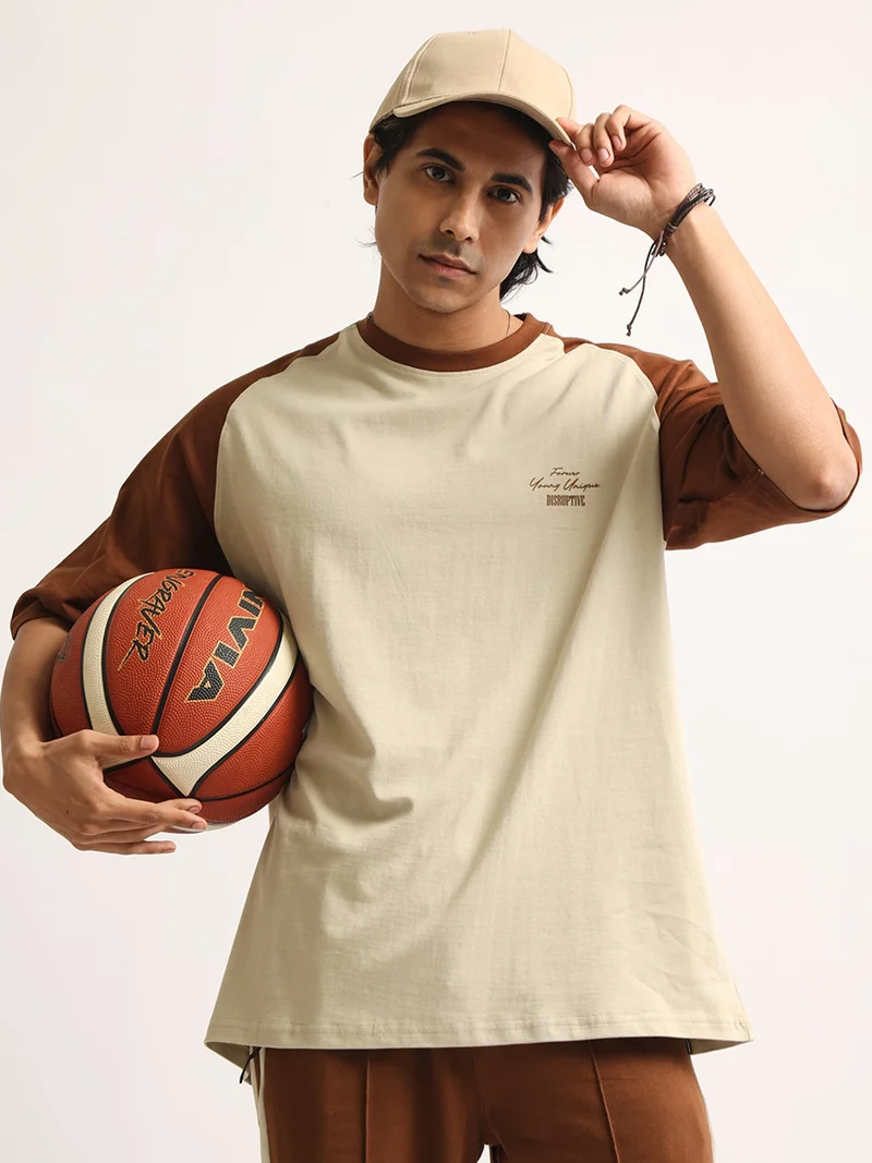 مانياك Maniac Mens Spray Printed Round Neck Half Sleeve Cream & Black Cotton T-Shirt