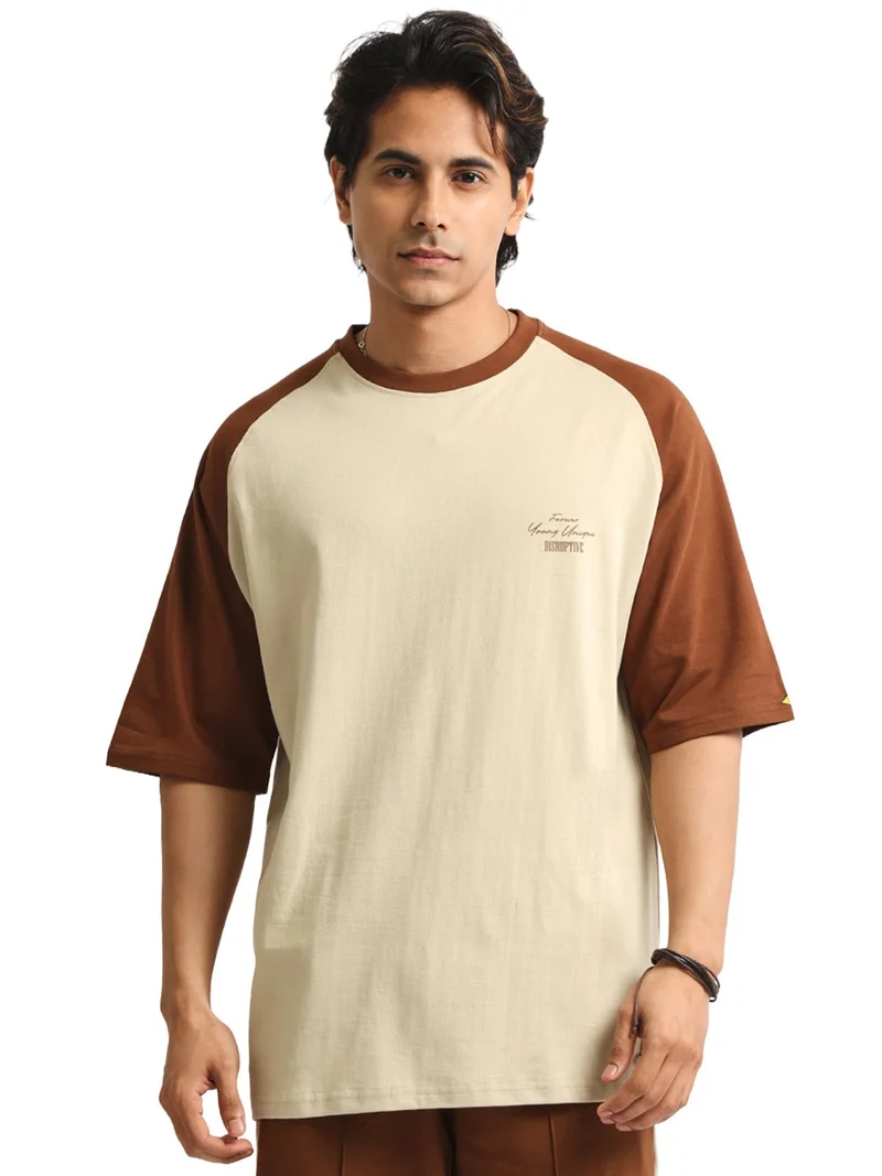 مانياك Maniac Mens Spray Printed Round Neck Half Sleeve Cream & Black Cotton T-Shirt