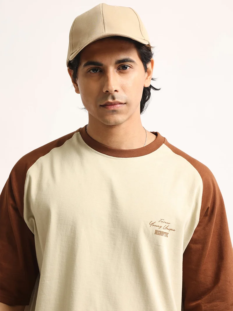 Maniac  Maniac Mens Spray Printed Round Neck Half Sleeve Cream & Black Cotton T-Shirt for Men | Best Price UAE