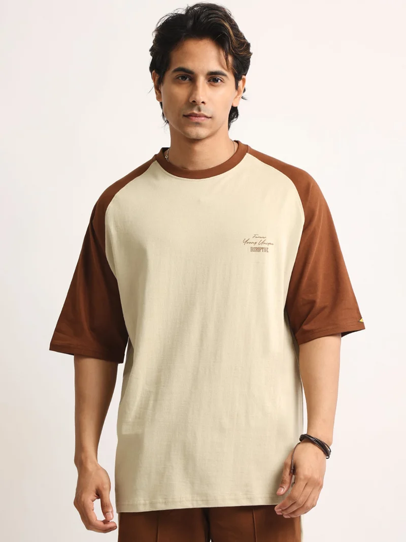 Maniac  Maniac Mens Spray Printed Round Neck Half Sleeve Cream & Black Cotton T-Shirt for Men | Best Price UAE