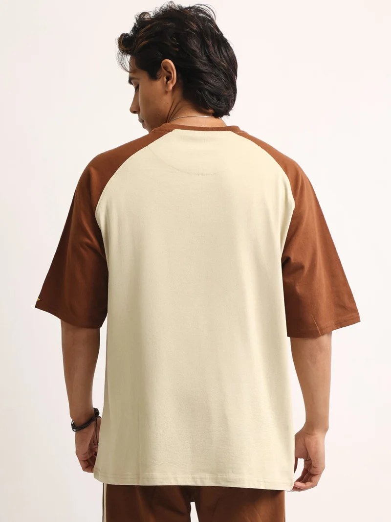 Maniac  Maniac Mens Spray Printed Round Neck Half Sleeve Cream & Black Cotton T-Shirt for Men | Best Price UAE