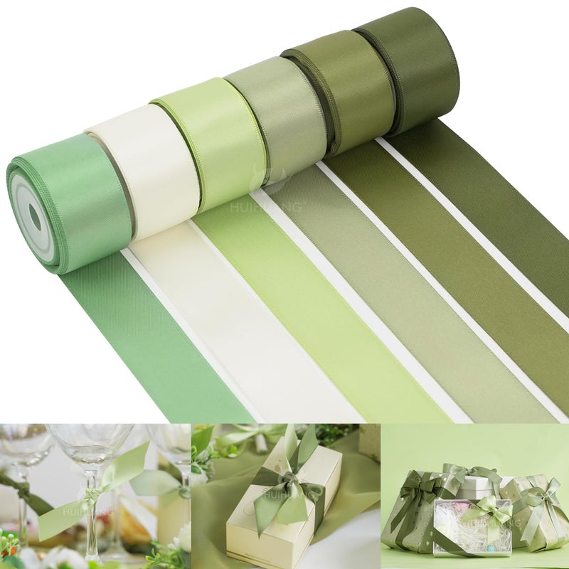 HUIHUANG Sage Green Satin Ribbon 1 inch Sage DoubleFaced Silk Satin Ribbon for Gift Wrapping Flower Bouquet Wedding Baby Shower Decor Crafts 6 Colors X 5 Yards Each