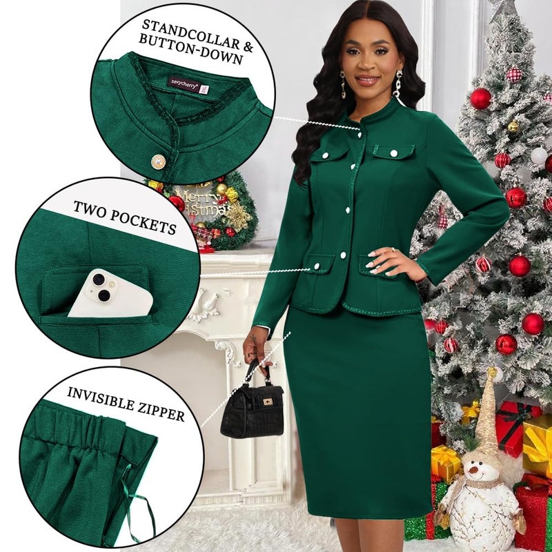 sexycherry Women's Black 2 Piece Suit Skirt Set Business Casual Long Sleeve Blazer and Pencil Skirt - Image 1
