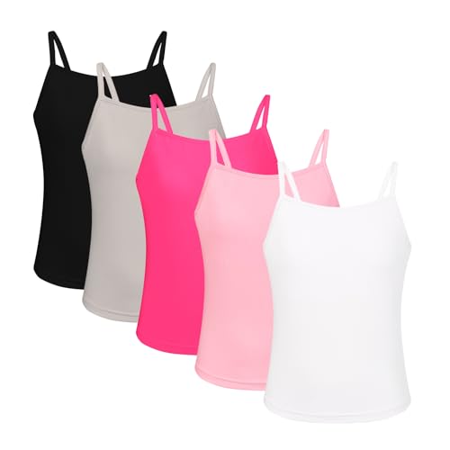 EXARUS 5 Pack Teen Girls Tank Tops Slim Fit Camisole Padded Stretchy Comfort Short Undershirts Undershirts Spaghetti Straps Cami Black White Pink Neon Gray 10Y - Image 1