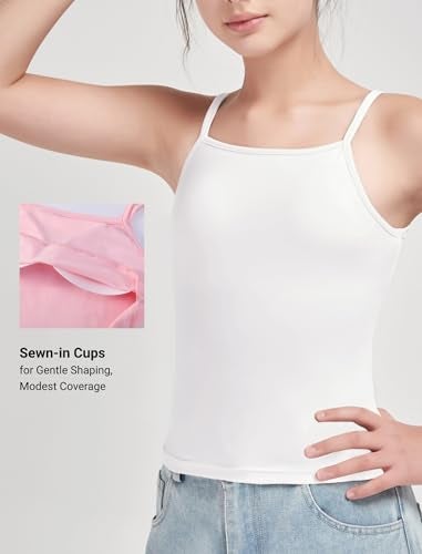EXARUS 5 Pack Teen Girls Tank Tops Slim Fit Camisole Padded Stretchy Comfort Short Undershirts Undershirts Spaghetti Straps Cami Black White Pink Neon Gray 10Y - Image 3