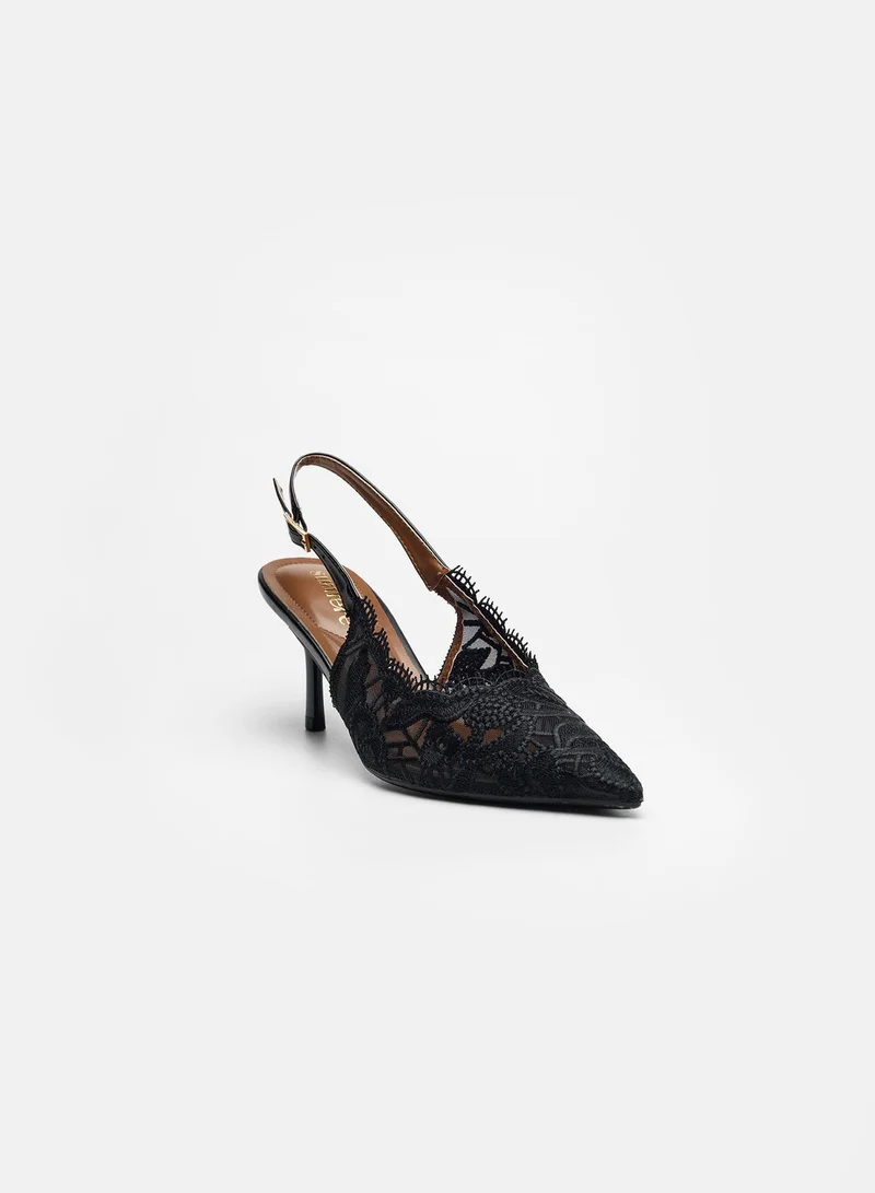Sunfere Black Embroidered Lace Slingback Pumps with Scallop Edge & Pointed Toe for Women | Best Price UAE