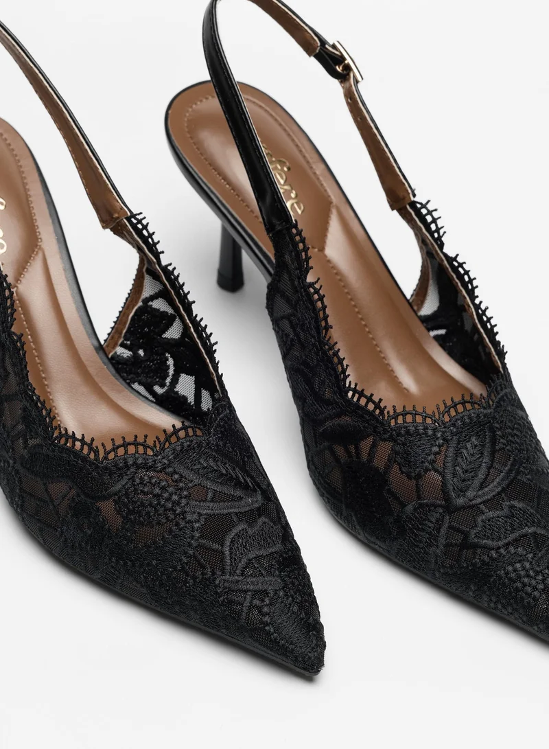 Sunfere Black Embroidered Lace Slingback Pumps with Scallop Edge & Pointed Toe for Women | Best Price UAE