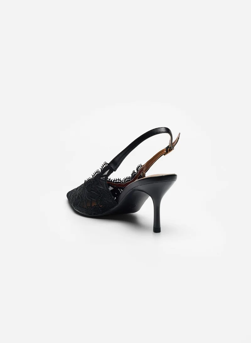 Sunfere Black Embroidered Lace Slingback Pumps with Scallop Edge & Pointed Toe for Women | Best Price UAE