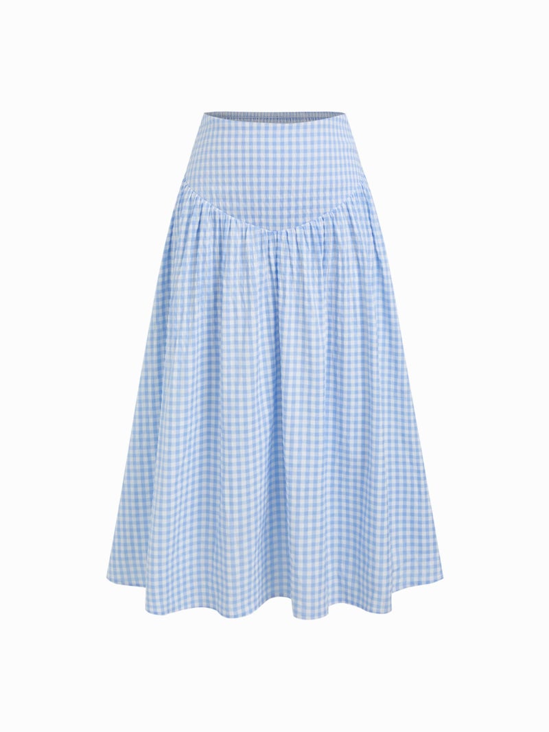 CIDER Gingham Maxi Skirts for Women A Line High Waist Long Plaid Skirt Summer Beach Vacation Outfits Trendy Light Blue - Image 1
