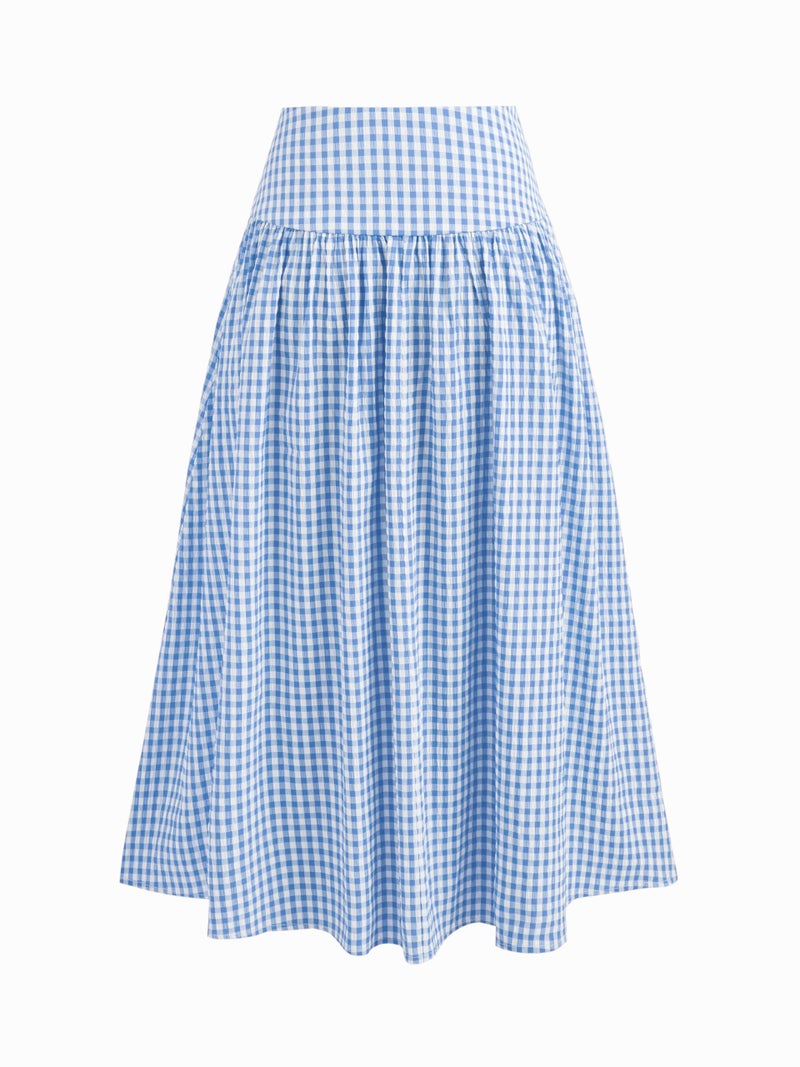 CIDER Gingham Maxi Skirts for Women A Line High Waist Long Plaid Skirt Summer Beach Vacation Outfits Trendy Light Blue - Image 4
