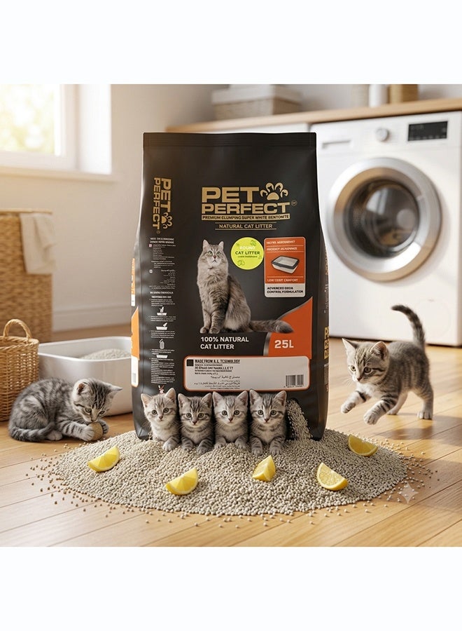 PET PERFECT Premium Clumping Super White Bentonite Cat Litter 25L (20KG) - Lemon - Image 2