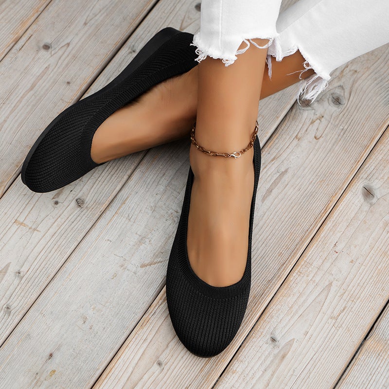 Large Size 2024 Spring New Flat Bottom Round Head Shoe Shallow Mama'S Knitted Fashion All-Match Shoes - Image 2