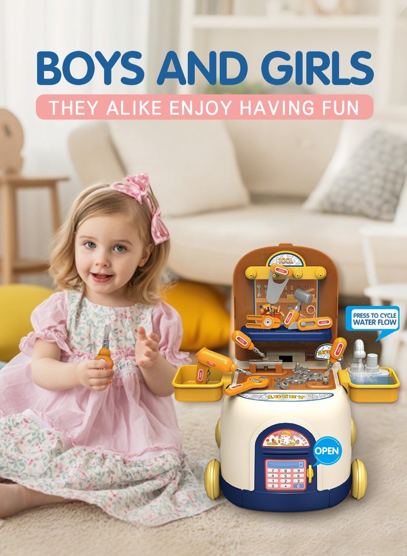 مجموعة أداة لللعب الافتراضي للاطفال من نوع 2 في 1 وسيارة للمرور، مجموعة أدوات للاطفال، مجموعة أدوات، للبنين والبنات من العمر 2 إلى 3 سنوات، تصميم صندوق تخزين محمول، أدوات لعب تعليمية (الأزرق) - Image 4