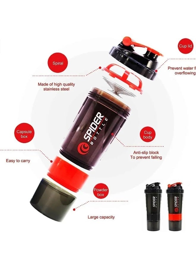 سبايدر زجاجة رج، كوب رج سعة 16 أونصة، زجاجة رج بروتين مع تخزين وكرة رج، زجاجات رج للصالة الرياضية لمشروبات البروتين، زجاجة خلط مشروبات رياضية، مقاومة للتسرب بنسبة 100%، خالية من مادة BPA، 3 طبقات (أحمر) - Image 2
