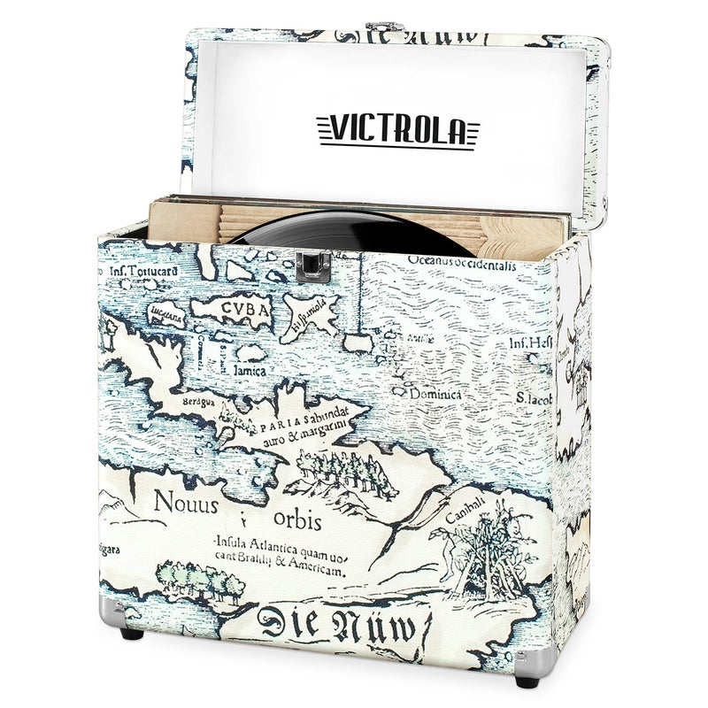 Victrola Collector  Record Storage Case  Holds 30 Vinyl Turntable Records HeavyDuty Hardware Hinges  Smart Metal Corners Portable with EasyCarry Handle Retro Map