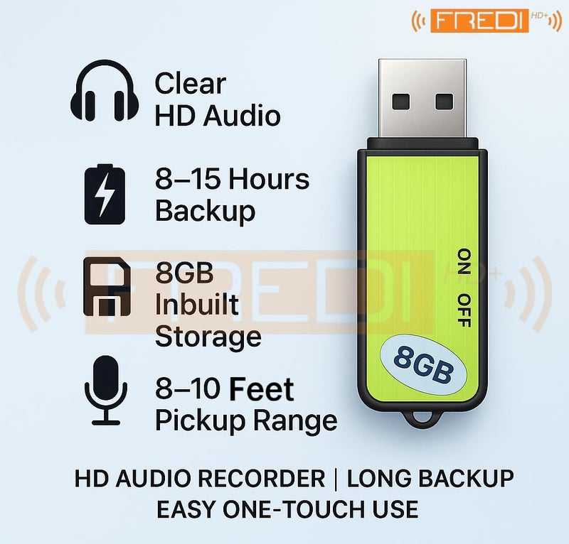 FREDI HD PLUS USB Voice Recorder 8GB Inbuilt Memory | Clear Audio Recording Pen Drive | Easy One-Touch Recording | OTG Mobile Playback Support | Portable Recorder for Study, Office & Personal Notes - Image 2