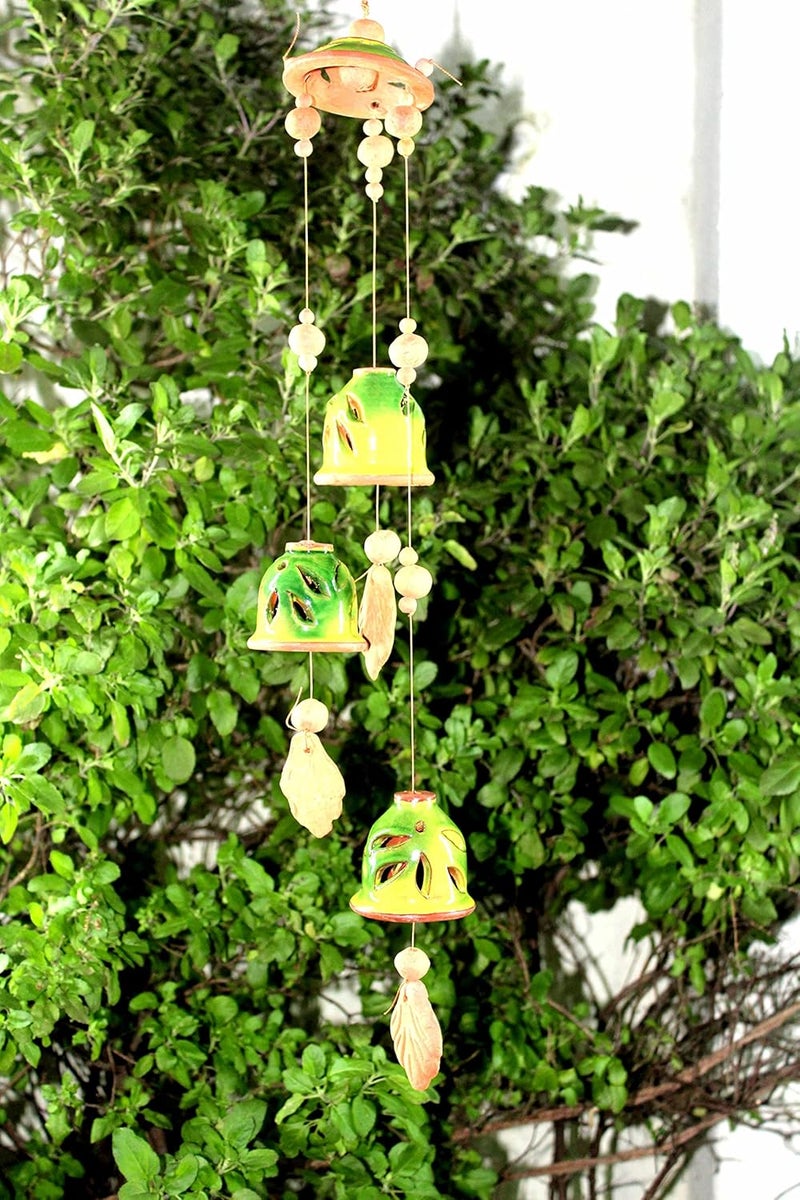 DEVICE OF ESVAR STONECRAFT ...EVERY STROY IS UNIQUE EVERY HOME IS DIFFERENT..... ES ESVAR STONECRAFT Present A Terracotta Ceramic Coated Green Wind Chimes with Three Bells of Cap Design Handmade Craft with Melodious Sound Bells Size 36 cm Long - Image 2