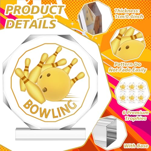 Anglechic 6 Pack Bowling Trophy Acrylic Funny Bowling Award Medals 4.72 x 4.72 Inch Sports Contest Trophies Bulk Plaques Team Prize Gift Trophies for Team Competition Champion - Image 3