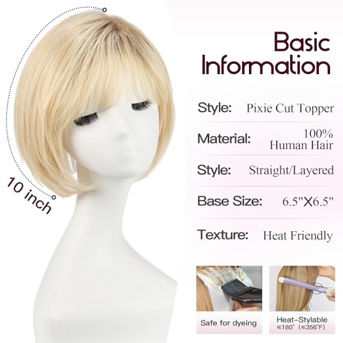 EMMOR Human Hair Toppers for Women Short Bob Real Hair with Bangs 10 Side Part Hairpieces for Women with Thin Hair 65 65 Larger Base Human Wig ToppersOmbre Light Blonde - Image 3