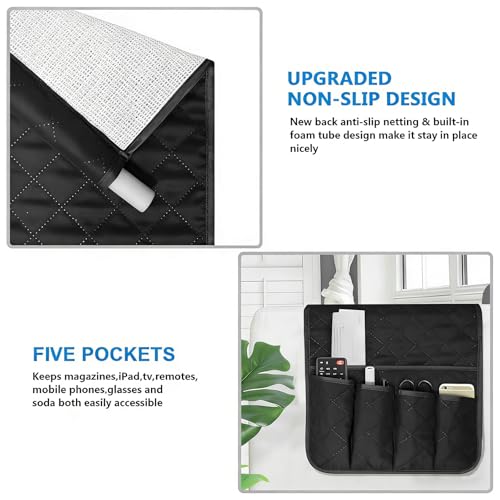 AUVCAS Sofa Armrest Organizer Non-Slip Arm Chair Bedside Caddy Storage Organizer for Recliner Couch with 5 Pockets for Cell Phone TV Remote Control Magazines (BLACK) - Image 2