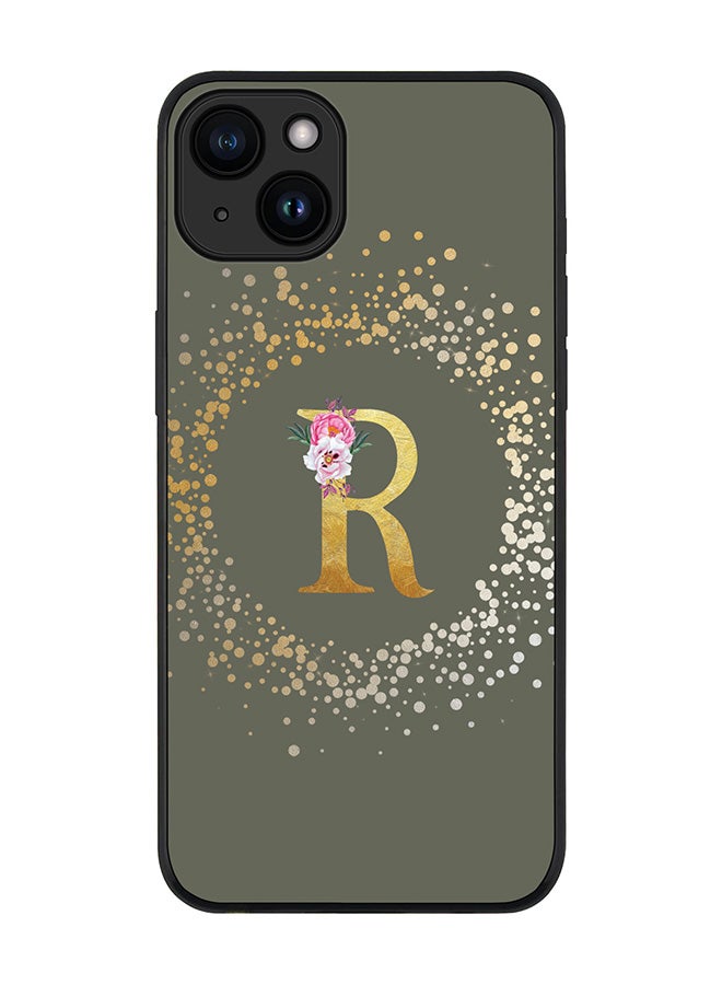 Stylizedd Cover for iPhone 15 Case Rugged Black Slim fit Flexible Protective Phone CasesCustom Monogram Initial Letter Floral Pattern Alphabet - R (Olive Green) - Image 1