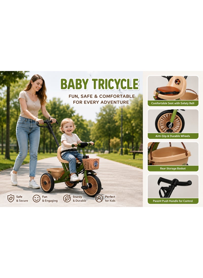 **Arabic Translation:**  دراجة ثلاثية للأطفال، دراجة ثلاثية للصغار، دراجة ثلاثية للرضع، دراجة ثلاثية بمقبض دفع للوالدين، دراجة للأطفال، دراجة بثلاث عجلات، لعبة ركوب للأطفال، دراجة أطفال، دراجة للصغار، دراجة ثلاثية خضراء، لعبة خارجية، لعبة ركوب للرضع. - Image 4