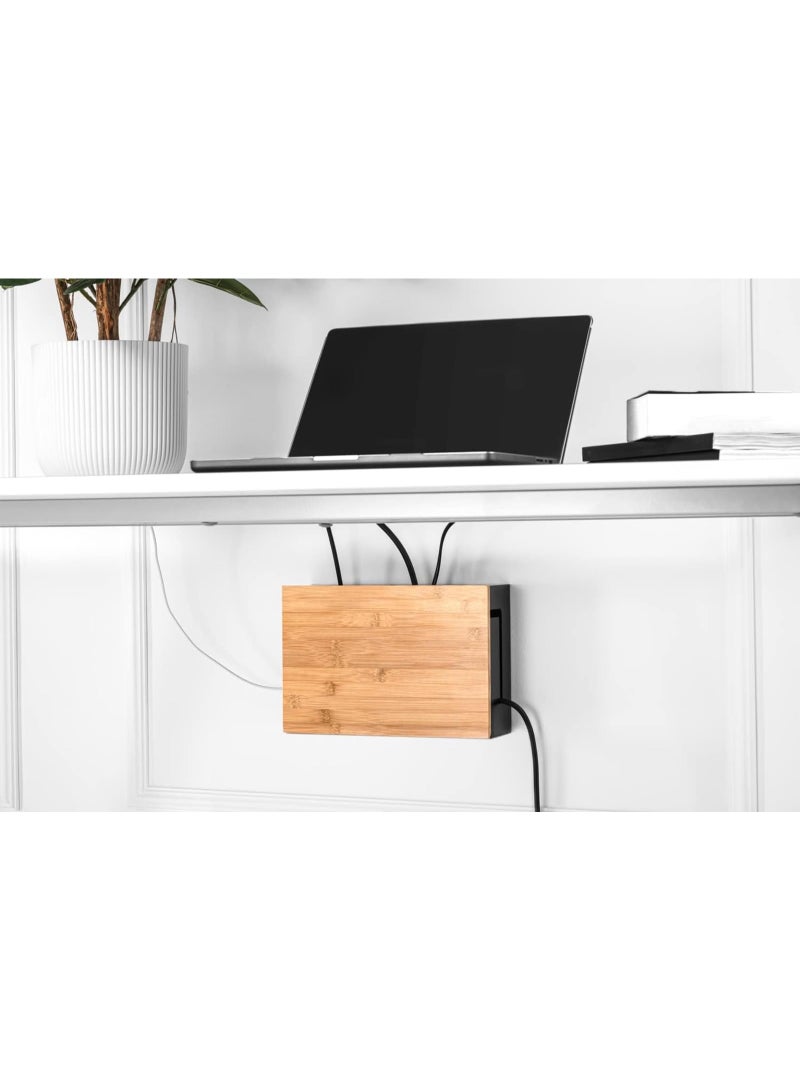 Cable Management Box with Bamboo Lid, Magnetic Cord Organiser Box, Wall Mountable Cable Storage Box for Home Office, Brown - Image 2