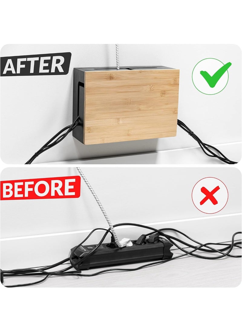 Cable Management Box with Bamboo Lid, Magnetic Cord Organiser Box, Wall Mountable Cable Storage Box for Home Office, Brown - Image 3
